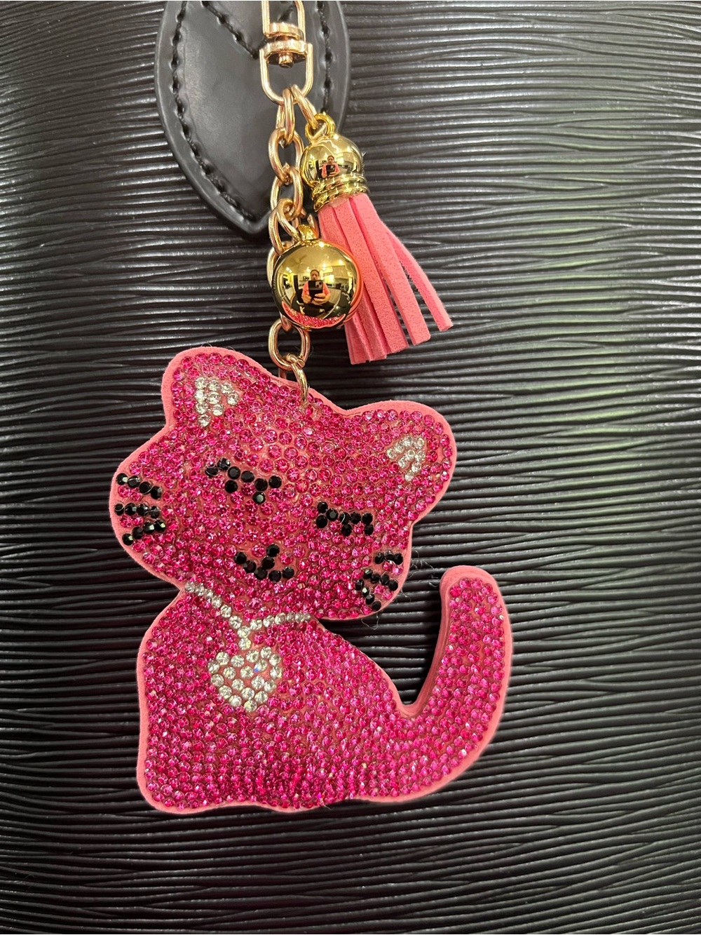 Stunning Pink Crystal kitty Cat Bag Charm with Gold Hardware easy clip on bag
